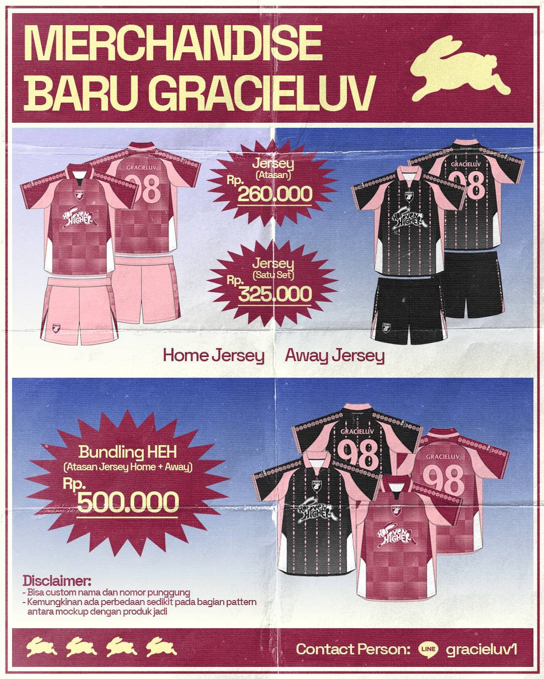 GracieLuv 2026 jersey poster: a claret-pink Home Jersey and a black-pink Away Jersey with the number 98.